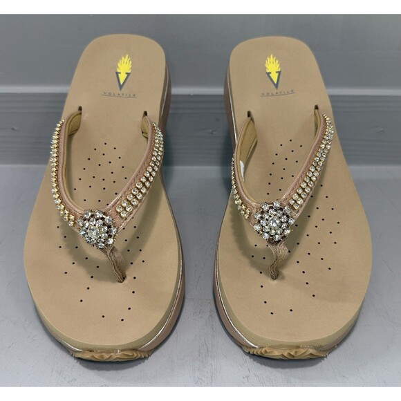 Volatile  Wedge Thong Sandals Tan Rhinestones Women's Size 10‎ NWOB Slip-On - Picture 3 of 7